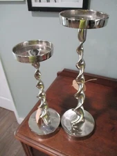2 India spiral metal pillar candle holders, 16.5 x 5 & 13 x 5