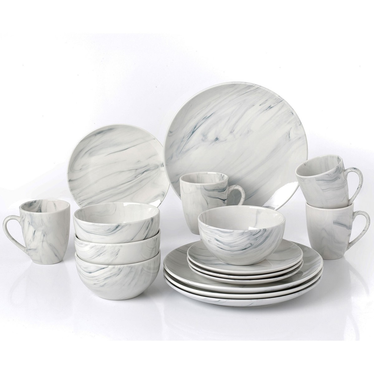 Lorren Home Trends Stylish Design 16-Piece Grey Marble Porcelain