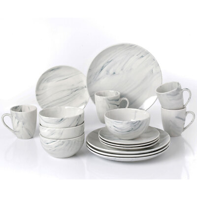 Lorren Home Trends Stylish Design 16-Piece Grey Marble  Porcelain Dinnerware Set