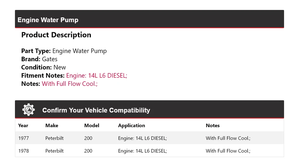 Puertas de bomba de agua para motor diésel Peterbilt 200 14L L6 1977-1978 Foto 2 de 4
