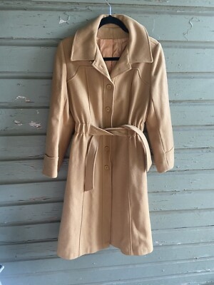 Vintage Trench Coat 100% Camel Hair Wool Coat Belted Lined Classic Style 1970'S
