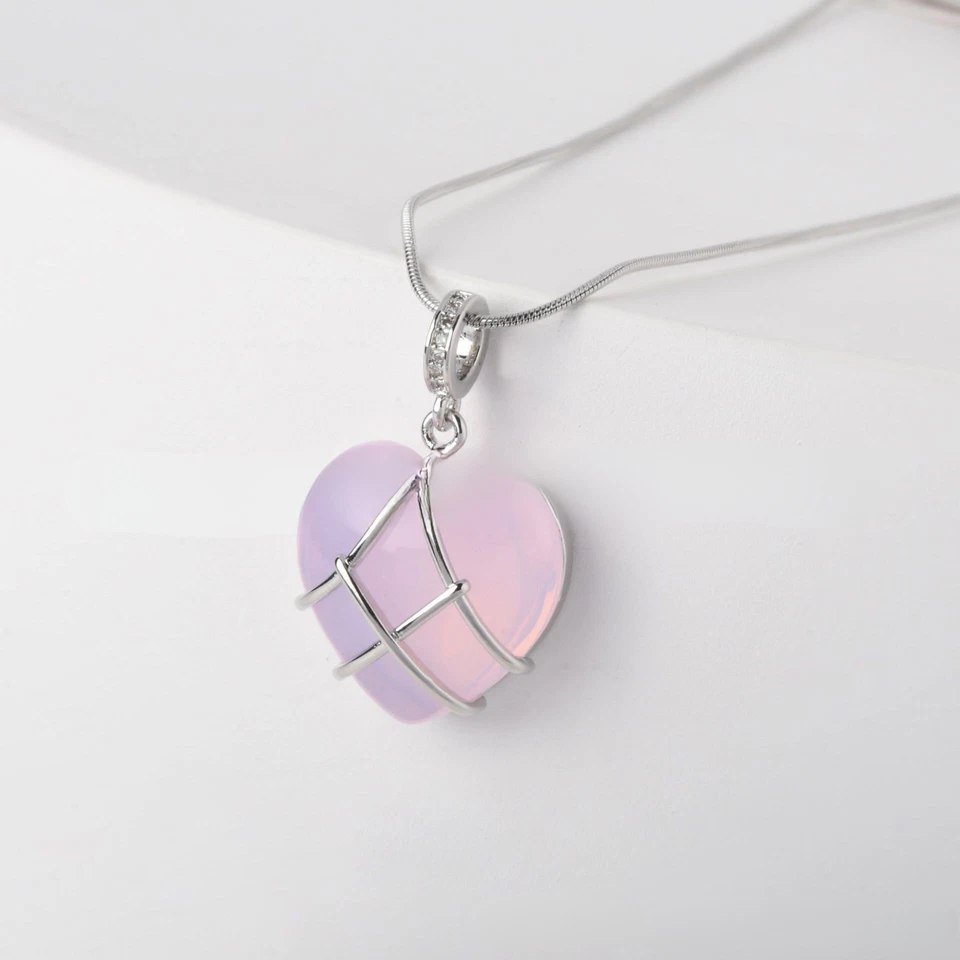 Collar Colgante Corazón Piedra Rosa para Mujer - Diseño Jaula Plata, Regalo Romántico Foto 3 de 3