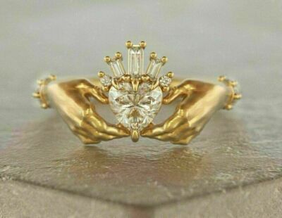 14K YellowGold Plated 2Ct Heart Cut Lab-Created Diamond Claddagh Engagement Ring