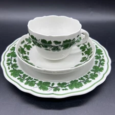 1860s Meissen Full Green Vine (No Trim) Tea Trio Cup Saucer Salad Plate Germany