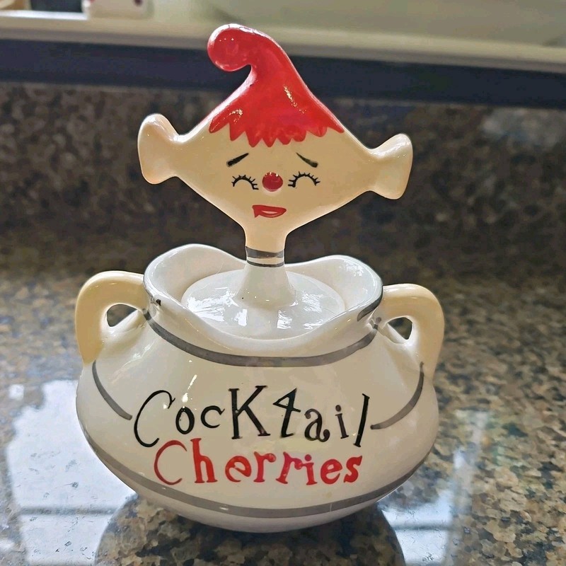 Vintage Anthropomorphic Davar Cocktail Cherries Pixieware Jar Holt Howard Era
