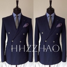 Navy Blue Men's Suits Peak Lapel Double Breasted Wedding Groom Tuxedo 2 Pieces