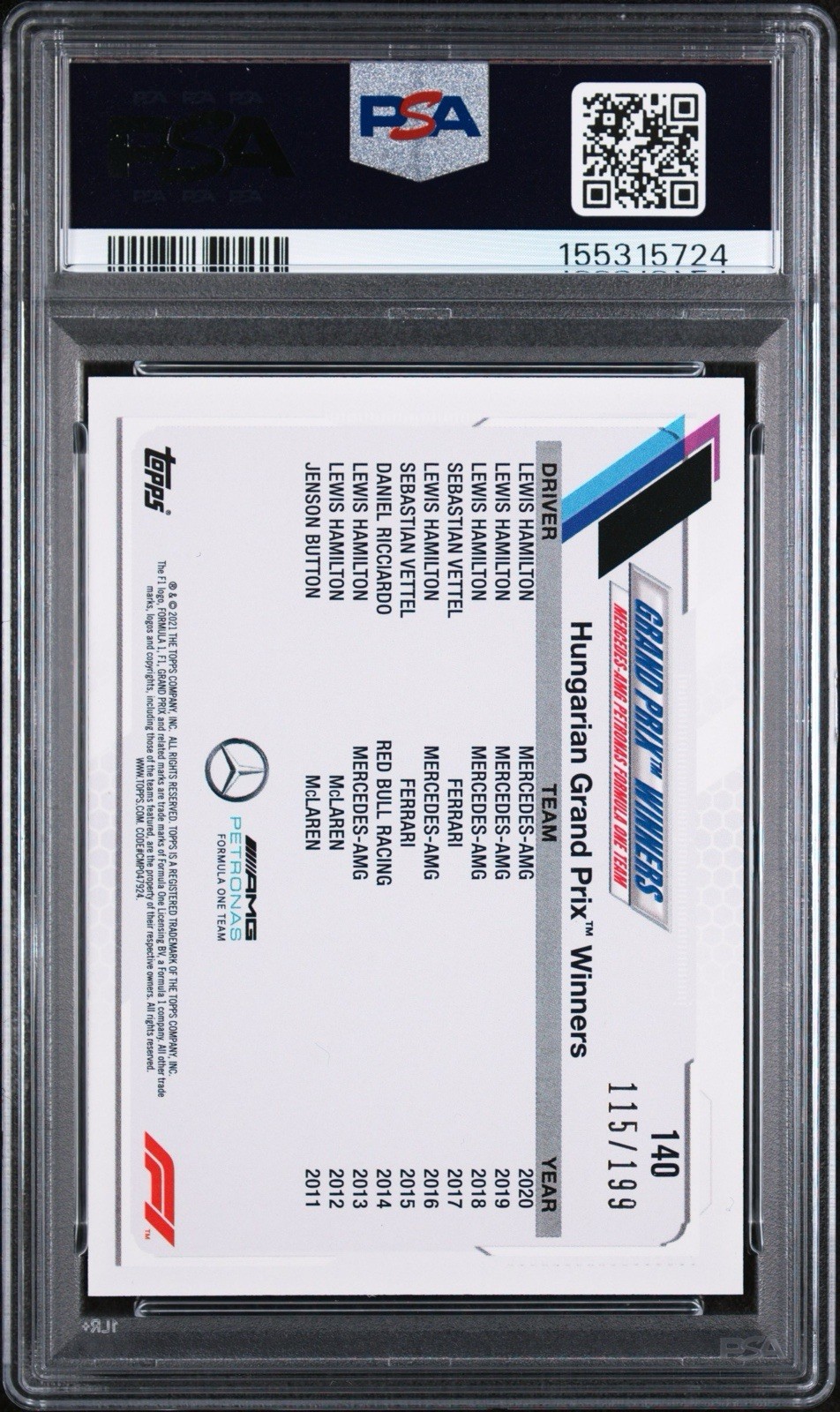 2021 TOPPS FORMULA 1 #140 LEWIS HAMILTON AQUA /199 PSA 10 view 2