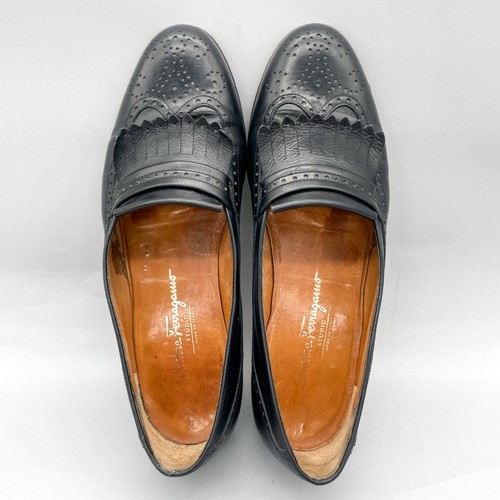 Salvatore Ferragamo Mens 9.5D Kiltie Loafers Shoes Black Leather Fringe Brogue - Picture 9 of 16