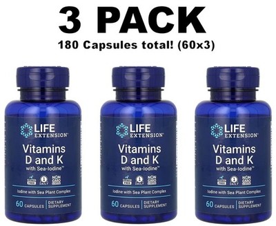 Life Extension Vitamins D and K with Sea-Iodine, 3 PACK, 60 capsules (180 total!