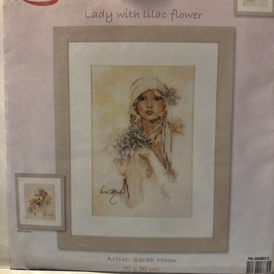Sarah Moon Lady with Lilac Flower Cross Stitch Kit Lanarte Retired Linen 0008013