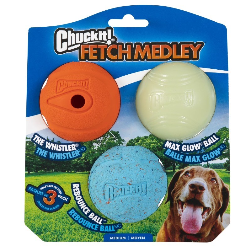 Chuckit! Fetch Medley Rubber Dog Ball Dog Toys, Medium (2.5"), Pack of 3