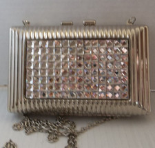 Vintage Silver-Tone Metal Clutch Ribbed Back Rhinestone Panel Front Evening Bag