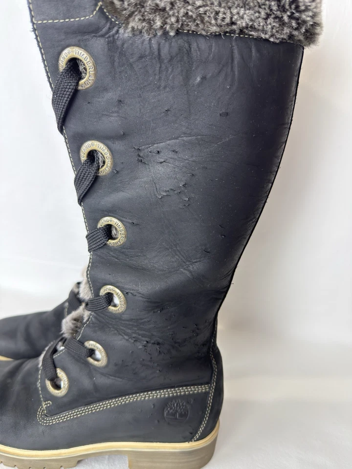 Timberland Botas Altas Cálidas Negras 6.5 M Forradas de Piel Cuero Hasta la Rodilla Con Cordones Mirney Foto 3 de 4