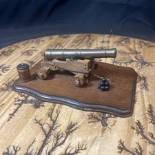 Vintage Brass Model Cannon W/ Wood Stand And Cannon Balls W/ Signature On Bottom