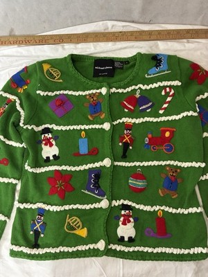 Vtg Y2K Michael Simon Small Christmas Santa Present Knit Cardigan Sweater 1999
