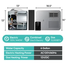 6 Gal RV Tank Water Heater Gas/Electric/Hybrid W/15"x18" Door Powered Anode Rod