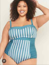 Old Navy Plus Women  s 3X Blue/White Striped Ruched One-Piece Swimsuit Lined