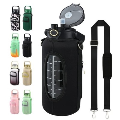 64oz Half Gallon Glass Water Bottle with Straw Motivational Storage Sleeve Case