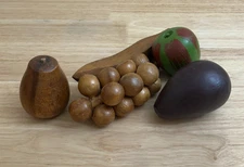 Vintage Hand Carved Wooden Fruit Set 5 Pc Tropical Monkey Pod Style Tiki Decor