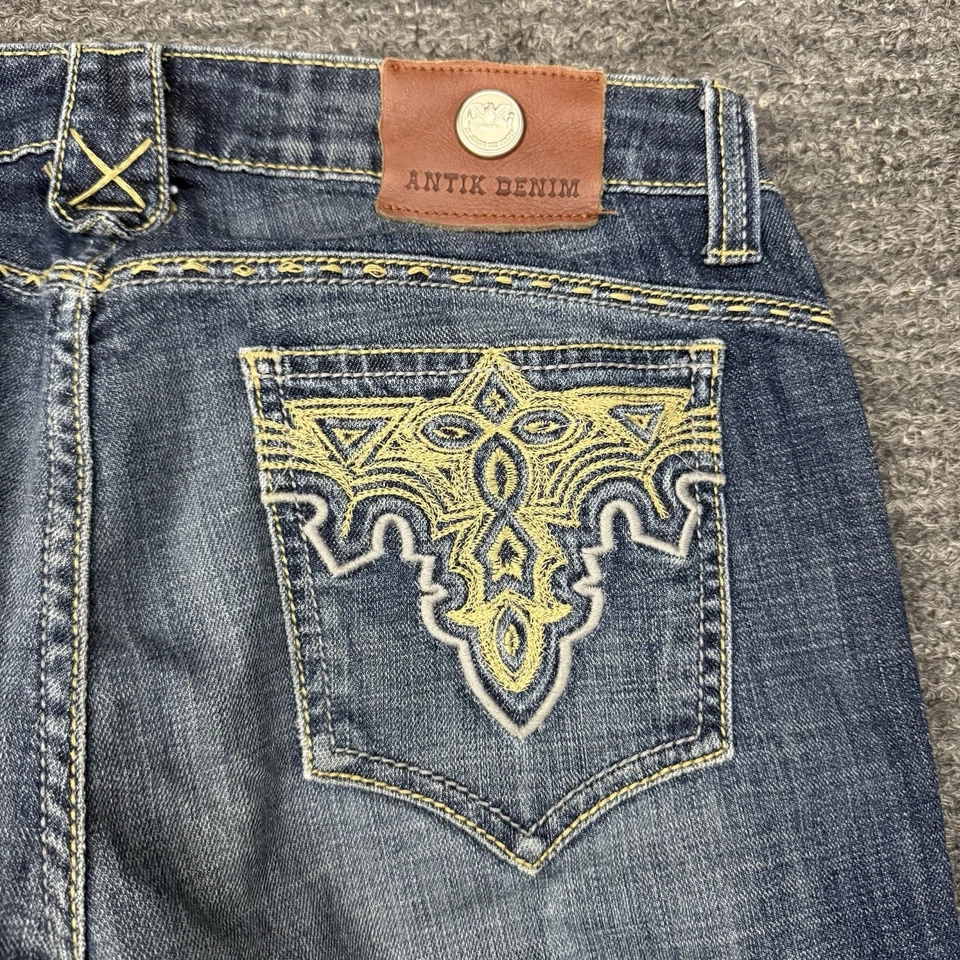 Pantalones de mezclilla antiguos para mujer 29 azules tiro bajo corte bootcut bordado bolsillo Y2K rodeo Foto 3 de 4