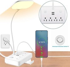LED Desk Lamp with USB 4 AC Outlets Power Strip 360 Gooseneck Phone Stand Dorm