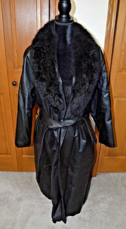 Women's RALLEE Leather Maxi Trench Coat LARGE Fur Collar EXTRA LONG