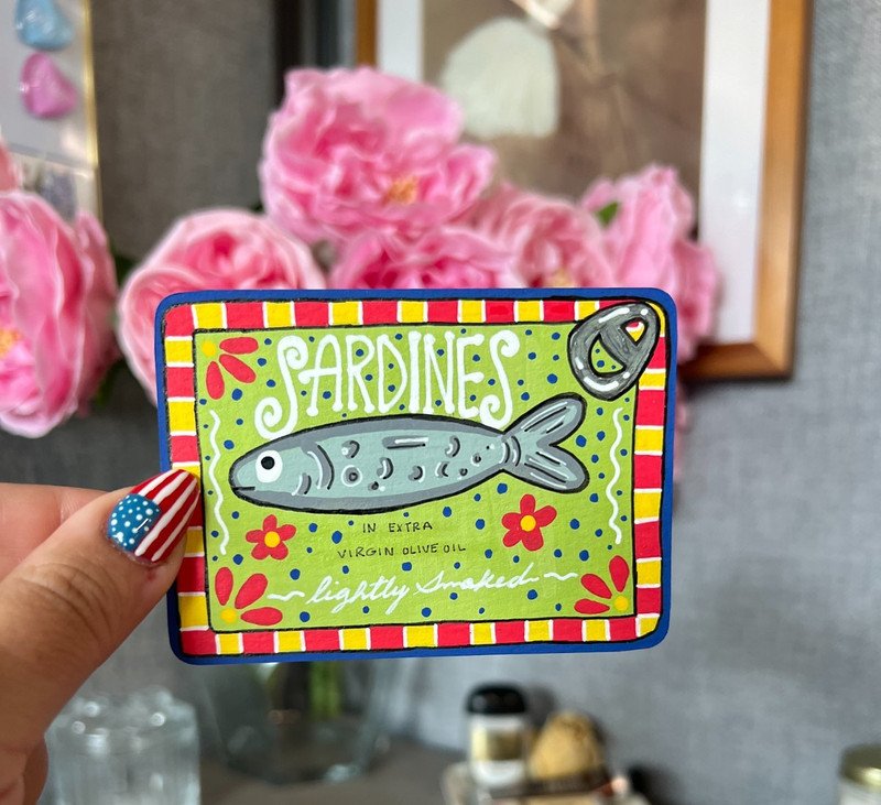 ACEO Original Art, Abstract Sardines, Bright Art, Mini Dopamine Art Painting