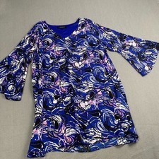 Lane Bryant Size 18  Blue Multi V Neck Bell Sleeve Fun Design Swing Dress