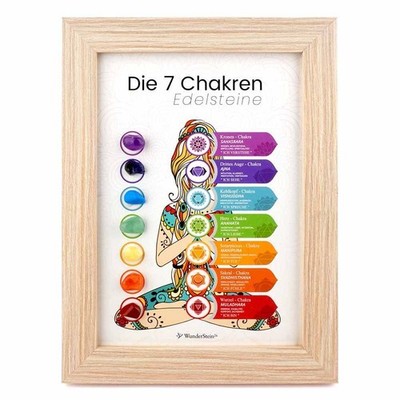 Chakra energiestarkes Edelstein Bild mit 7 Chakren im Holzrahmen & echte Steine
