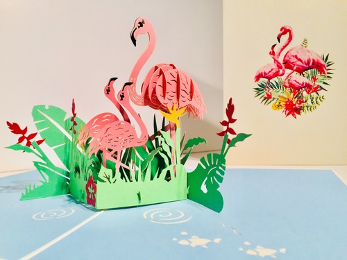 Origami Pop Cards Pink Flamingos Mother & a Baby 3D Pop Up Greeting Card 12x17cm - Picture 2 of 12