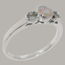 Solid 925 Sterling Silver Natural Opal & Aquamarine Womens Trilogy Ring