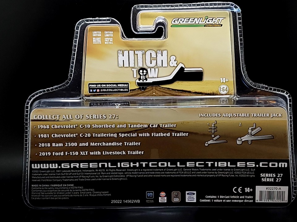 Greenlight Hitch and Tow 1968 Chevrolet C10 Gulf Oil & Tandem Car