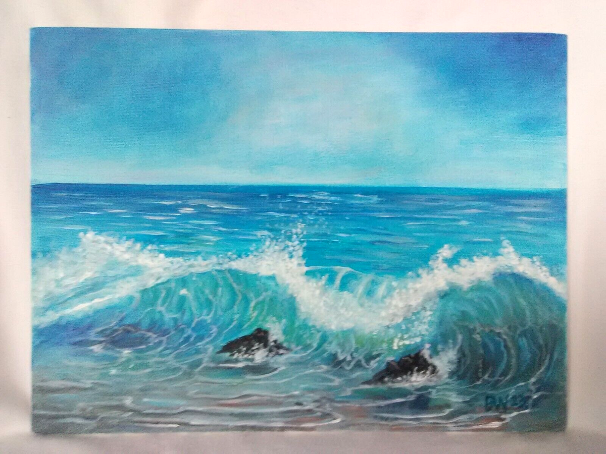 Original Acrylic Painting Coastal Wave Seaside 9X12 Canvas Wall