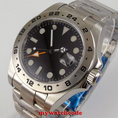43mm bliger black sterile dial sapphire glass GMT date automatic mens watch