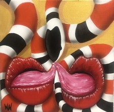 Quadro Pop Surreal Originale,Lecca il Serpente 12x12” Tela Acrilica, Firmato, COA
