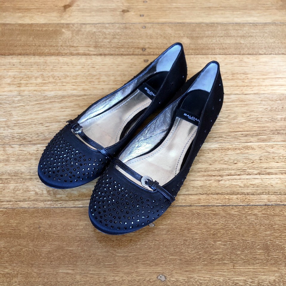 Baldan Venezia Black Satin And Leather Studded Ballet Flats, Size 37 IT/38 EU