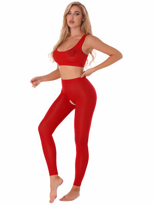 Women See Through Yoga Workout Racer Back Crop Top with Crotchless Pants Outfits