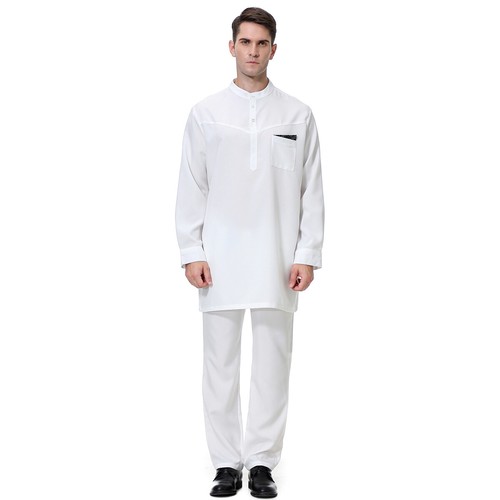 Men Thobe Jubba Two Piece Men Kaftan Top Long Pant Set Muslim Men Robe Dishdasha - Picture 17 of 42