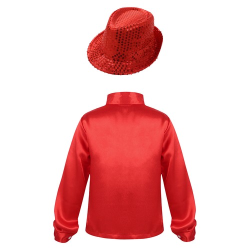 Kids Boys Shirt with Hat for Dance Glittery Sequin Long Sleeve Lapel Collar - Picture 27 of 63