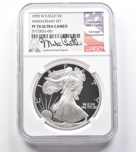 PF70 UCAM 1995-W American Silver Eagle Anniversary Set Castle Signed NGC *8521