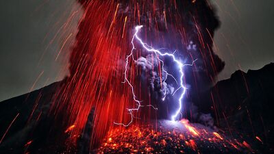 Landscape nature volcano lava eruption lightning long Custom Gaming Mat Desk