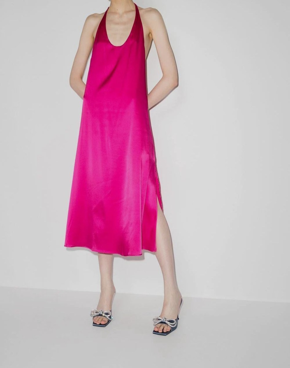 neon pink slip dress True Icon | HOT PINK Satin High-Neck Maxi Slip Dress With Sash