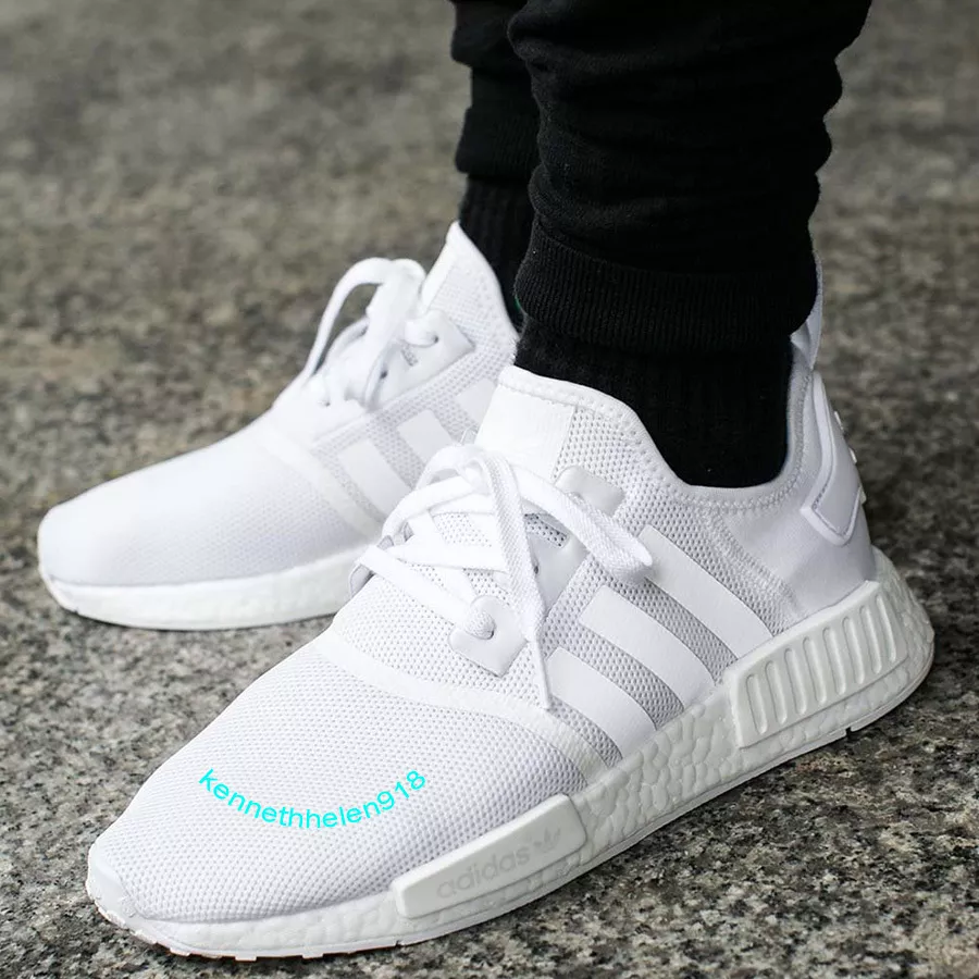 NEW ADIDAS NMD R1 RUNNING SHOES TRIPLE WHITE BA7245 MENS SIZE 9