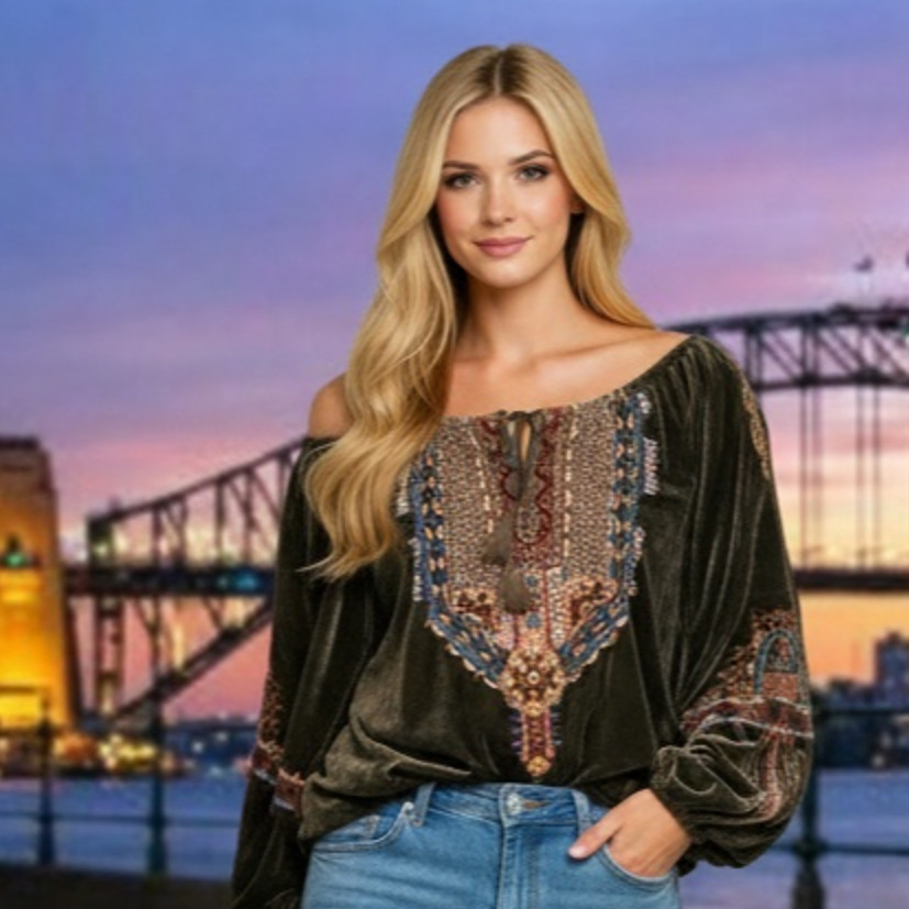 Johnny Was Women’s Top Size S  Embroidered Brown Velvet Blouse Top As New