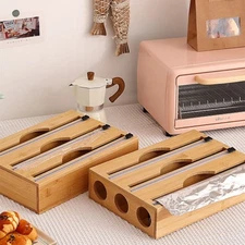 1pc Bamboo Kitchen Wrap Dispenser Foil Cling Film Cutter Box Fresh Bag Organizer