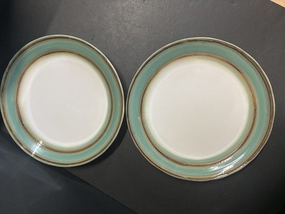 Pair Sango Green Waves #4972 Stoneware Dinner Plates 11'' - Teal & Brown Set of 2