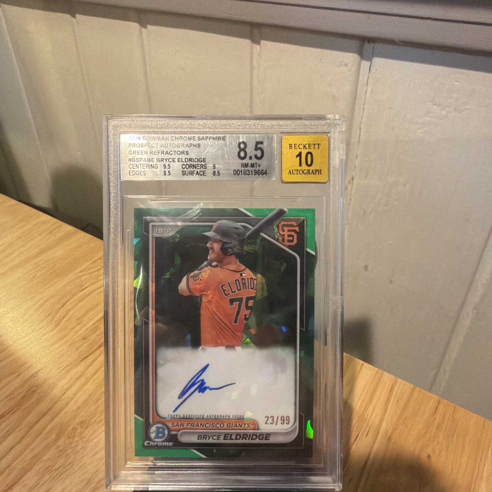 Bryce Eldridge 2024 Bowman Sapphire, Chrome Prospects Auto, Green /99, #BSPA-BE