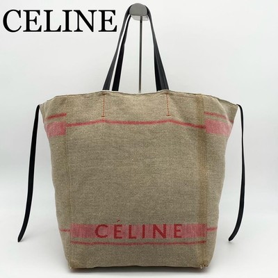 CELINE Cabas Phantom Large Tote Linen Canvas Leather Beige Pink A4 Bag Japan