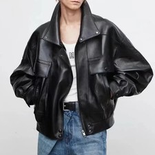 Oversized Black Genuine Leather Bomber Jacket Cargo Pockets Women S M L XL 2XL