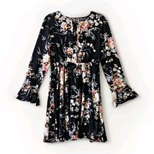 SHEIN Black/Pink/White Floral Long Sleeve Round Neck Tie Ruffle Mini Dress L